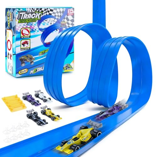 Rennwagen-Spielzeug, Autorennbahn 5m inkl. 4 Autos, 1 Rampe, ist EIN tolles Geschenk für Jungen und Mädchen