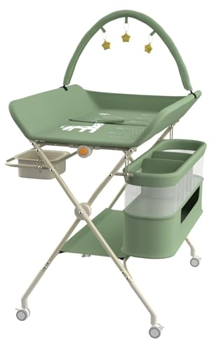 Wickeltisch, zusammenklappbar, mit Aufbewahrungskorb, Struktur aus Eisen, max. Belastung 25 kg, für Neugeborene, ergonomisches Design, Wickeltisch, 75 x 68 x 83–91 cm (B) Grün
