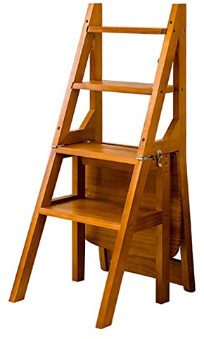 Multifunctional 4-Step Ladder Chair - Foldable Library Bookshelf Stairway Stool for Indoor Kitchen & Office Walnut Finish Space-Saving Design & Stylish