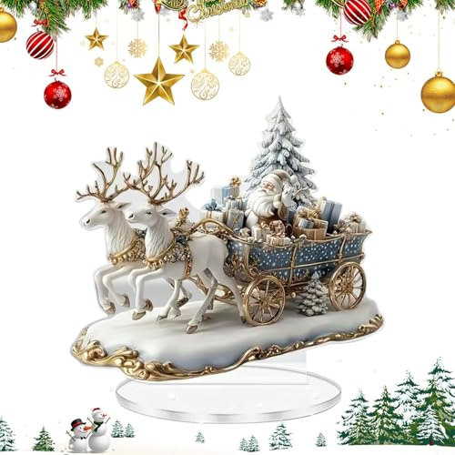 Tisch-Acryl-Dekoration – 2D-Weihnachtsmann-Schlitten-Acrylschild, Dekoration, Standfigur mit Stützfuß, Winterurlaub-Ornament – für Arbeitszimmer, Schlafsaal, Schlafzimmer, Nachttisch