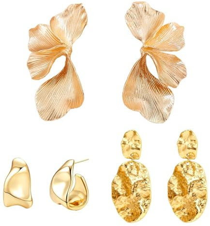 6PCS Gold Statement Earrings, Chunky Gold Earrings, Pleated Sculptural Floral Geometric Irregular Earring, Women Fashion Jewelry Dangle for Women Girls