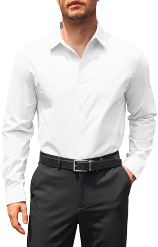 Runcati Camicia da uomo a maniche lunghe, vestibilità regolare, camicia da lavoro, tinta unita, cotone, camicie casual, formale, button-down, bianco, S