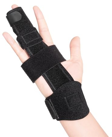 fibee Trigger Finger Splint, Adjustable Two Finger Splint with Upgraded Wrist Strap, Full Hand and Wrist Brace Support, Metal Straightening Immobilizer for Sprains, Mallet Injury, Arthritis (S/M)