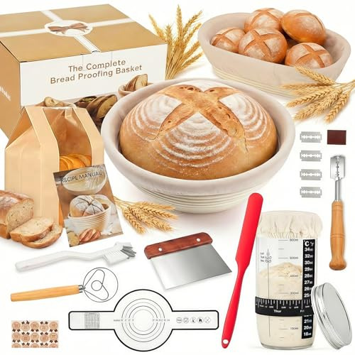 Gärkörbchen Für Sauerteig Starter Set, 23-teilig Gärkorb Brot Set, 25cm & 23cm Rattan Brotbackset, Brot Backen Zubehör Mit Sauerteig Starterglas, Geschenk für Anfänger und Erfahrener Bäcker
