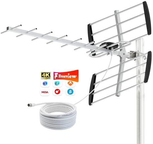 Antena TDT Exterior para Smart TV – Antena TV HD 4K/1080P con Recepción UHF/VHF Estable, Resistente a la Intemperie, Cable Coaxial de 10 m, Instalación en Tejado o Ático, Mástil No Incluido