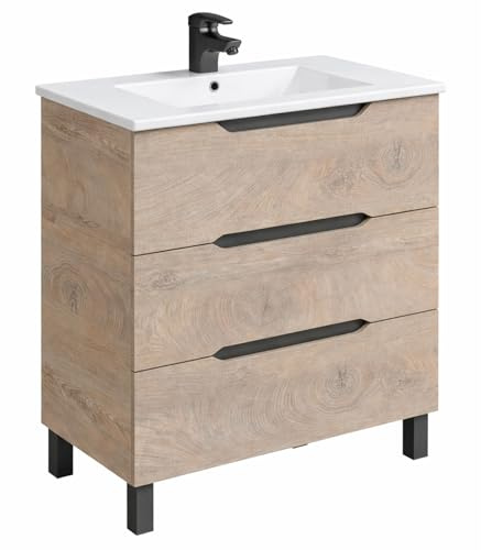 Mobile Bagno A Terra Con 3 Cassettoni Soft Close E Lavabo In Ceramica Monoforo Con Troppopieno Incluso Mobiletto Design Moderno Ed Elegante Salvaspazio 80 x 45 x 86 Cm (Rovere)