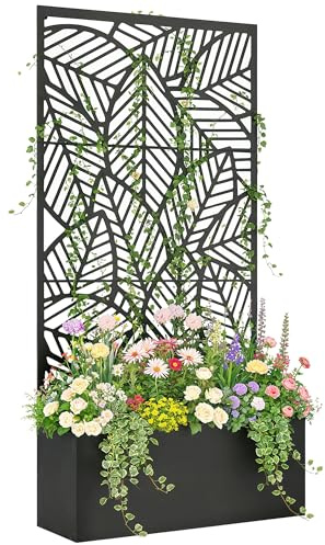 Outsunny Jardinière avec Treillis, bac à Fleurs, lit surélevé avec Brise-Vue, pour Plantes grimpantes, légumes, métal, intérieur et extérieur, 90 x 30 x 170 cm, Noir