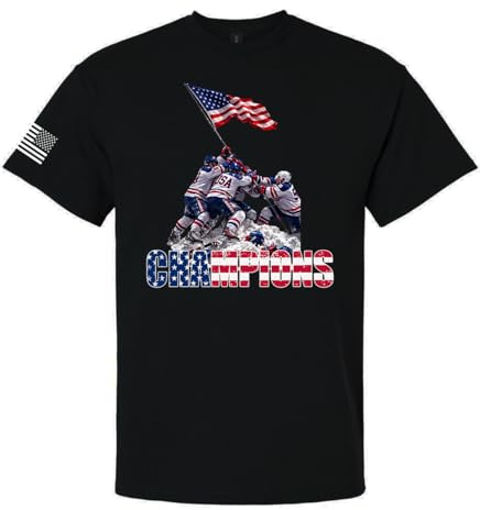 Trenz Shirt Company Men's Graphic T-Shirt - Hockey Champions 2026 USA Players Raising Flag on Ice-Black-3X-Large