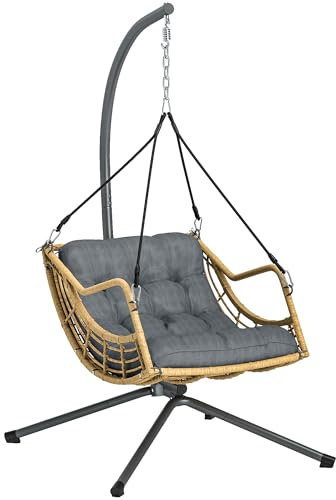 Outsunny Fauteuil Suspendu en résine tressée avec Support, Chaise Suspendue, Chaise hamac balançoire, Coussin et Attache de sécurité, Hauteur réglable, Cadre en Acier, intérieur et extérieur, Gris