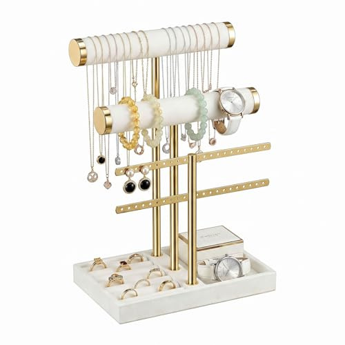 Schmuck Organizer mit 3 Ebenen, Abnehmbarer Jewelry Organizer, Schmuckständer, Samt-Armbandhalter, Schmuckhalter Display für Ringe, Ohrringe, Halsketten, Uhren, Armreifen, Sonnenbrillen (Beige)
