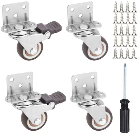 32mm Roulettes pour Meubles Lot de 4 (2 avec Frein), Platine de Fixation en L Charge 80kg, Roues en Caoutchouc TPE Silencieuses pour Table Basse, Support Plantes - Incl. Tournevis et Vis