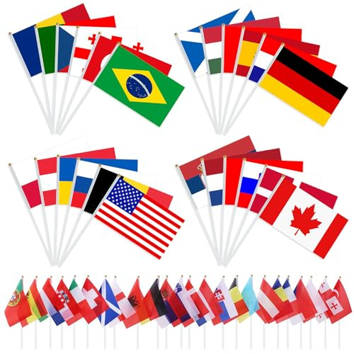 CHRI 2026 WM Handflaggen Set | 48 Länder Teilnehmenden Ländflaggen 20 x 13,5 cm mit 28cm Pole | Flaggen der Welt WM 2026 Fanartikel für WM Party, Bar, Stadion & Public Viewing