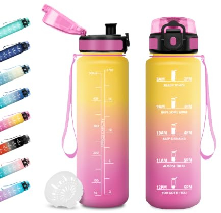 Trinkflasche 500ml, Trinkflasche Auslaufsicher mit Filter, Wasserflasche mit Zeitmarkierung, BPA-frei, Sportflasche für Fitness, Fahrrad, Büro, Schule, Outdoor, Yoga, Erwachsene, Sprudel geeignet
