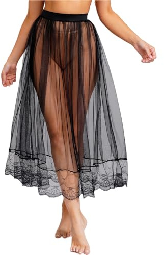 JMORCO spetskjol för kvinnor Sheer Mesh Cover Up kjol elastiskt midjeband spetskant tyllkjolar halvslip överdrag underkjol, Svart A, one size