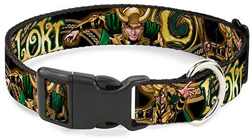 Hundehalsband, Kunststoff, mit Clip, Loki-Posen, Schwarz, Gold, Grün, 38,1 bis 66 cm, 2,5 cm breit | Loki Poses ID-Tag-Ring mit seitlicher Öffnung, langlebig, verstellbar, Schwarz / Gold / Grün