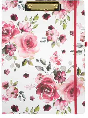 Steel Mill & Co Niedliches Klemmbrett mit nachfüllbarem, liniertem Notizblock und Innentasche, rosa Padfolio für die Arbeit, Rose Floral