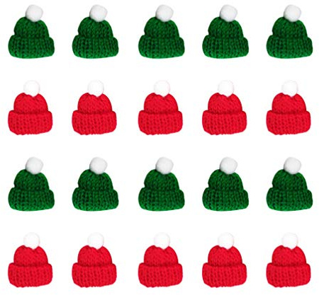 PRETYZOOM 20 Stück Mini Wollmütze Puppen Hut Weihnachtsmütze Weihnachtshut Weinflasche Topper Hut für DIY Basteln Kunsthandwerk Weihnachtsschmuck Rot Grün