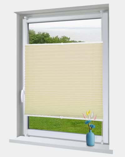 OBdeco Plissee Rollo Klemmfix ohner Bohren lichtdurchlässig Crushed Optik Faltrollo für Fenster und Türen Easyfix Creme 95x130cm