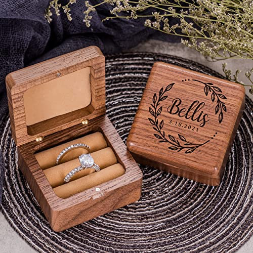 KEMEILA Individuelle Walnuss-Ringbox mit magnetischem Retro-Holzringträger, rustikal, Vintage-Ringhalter, Schmuck-Aufbewahrungsbox, Antrag, Verlobung, Hochzeit, Geburtstag, Geschenk für Frauen