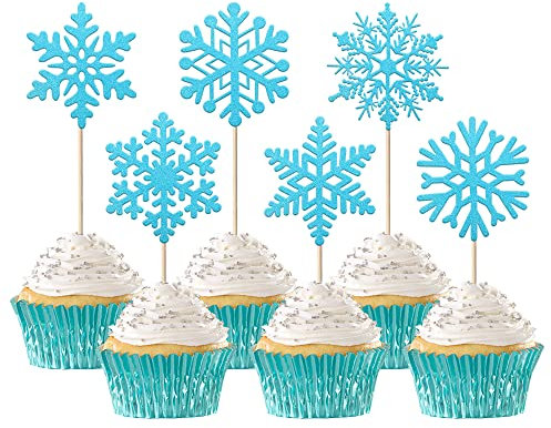 24 Stück Schneeflocke Cupcake Toppers Winter eingefroren Thema Kuchendekoration Winter Wonderland Kuchen Dekorationen für Geburtstag eingefroren Thema Party Weihnachten Dekoration Blau