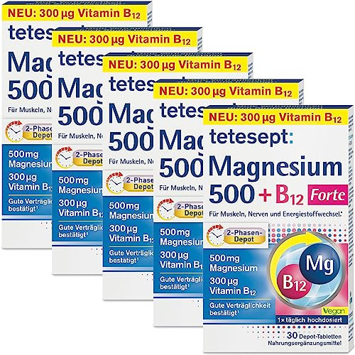 tetesept Magnesium 500 + B12 Forte - 5 x 30 Tabletten - hochdosiert – Magnesium und Vitamin B12 Kombipräparat mit 2-Phasen-Depot - Nahrungsergänzungsmittel für Muskeln, Nerven und Energiestoffwechsel*
