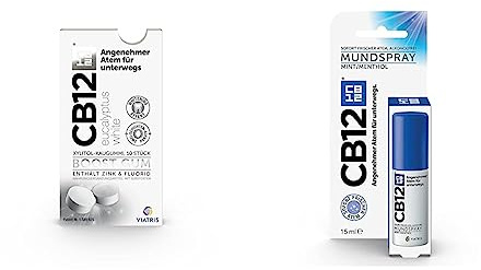 CB12 Boost Eucalyptus White Kaugummi – zuckerfreies zahnaufhellendes Kaugummi & Spray: Mundspray für angenehmen Atem unterwegs, Mint/Menthol gegen Mundgeruch, 15 ml