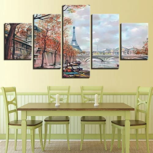5-Teilige Hd-Bedruckte Leinwand, Wandkunst, Leinwanddrucke Für Wohnzimmer, Moderne Dekoration, Drucke Auf Leinwand Romantischer Pariser Eiffelturm Mit Rahmen 150 X 80 Cm Home Decor Leinwanddruck Artw