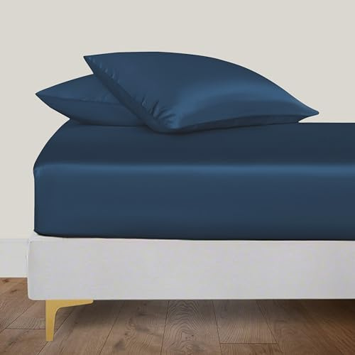 LINENWALAS Organic Vegan Bamboo Silk Fitted Sheet 180x200 cm, Deep Pocket up to 40 cm Soft, Oeko-Tex Certified Cooling Bamboo Bedding Only Fitted Sheet Perfect for Skin (Navy Blue)