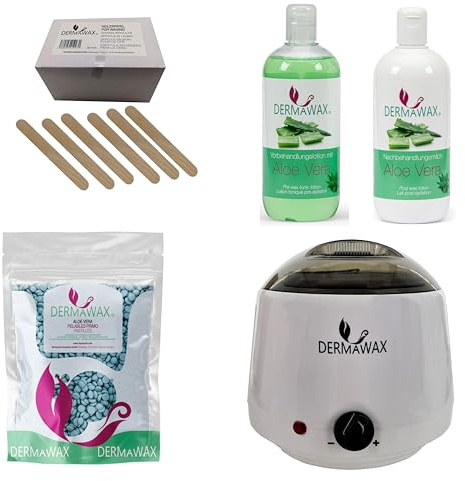 Dermawax Profi Waxing Set- 1000 ml Wachsgerät- Made in Spanien- 1 kg Aloe Vera Wachsperlen- 500 ml Aloe Vera Vorbehandlungslotion- 500 ml Aloe Vera Nachbehandlungsmilch 200 Stück Holzspatel