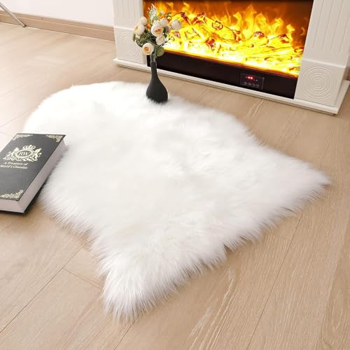 JXLOULAN Faux Fell Teppich Weiß 50x80 cm, Longhair Schaffell Flauschiger Teppiche Lammfell Fellteppich Waschbar Wohnzimmer Deko Teppich für Kinderzimmer Wohnzimmer Schlafzimmer