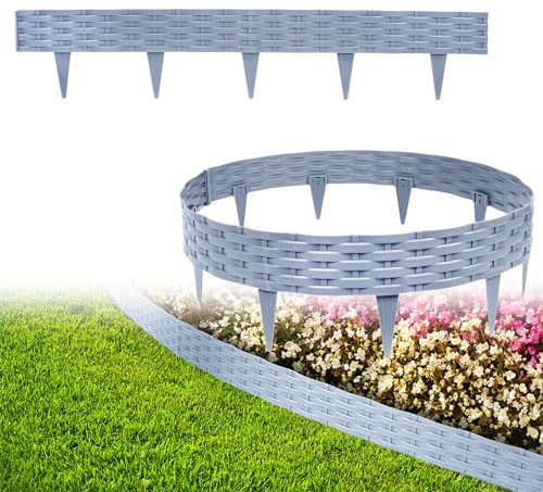 XMTECH 15m Rasenkante Beeteinfassung Gartenpalisade in Rattan-Optik, Beetumrandung Mähkante Randsteine aus Kunststoff mit 15 Elemente á 100 cm, Grau