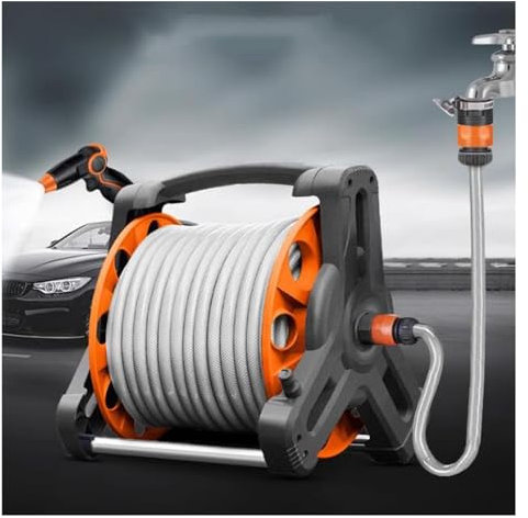 ZXNANA Schlauchtrommelwagen für den Haushalt, tragbare Gartenschlauchtrommel, handgehaltene Wasserrohrhalterungen, Schlauchwagen-Bewässerungswerkzeug mit Wasserpistole (White 30m)