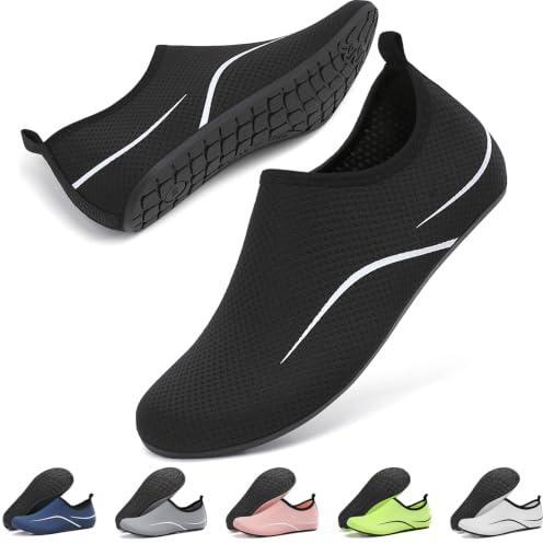RUOMU Badeschuhe Damen Herren Wasserschuhe Schnell Trocknend Schwimmschuhe Strandschuhe rutschfeste Leicht Aquaschuhe Barfußschuhe Neoprenschuhe,Schwarz 40 EU