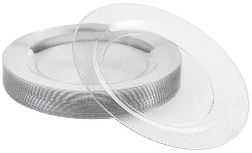 Matana - 25 Piatti da Dessert in Plastica Rigida Trasparente con Glitter Argentati, 19cm - Eleganti, Resistenti e Riutilizzabili - Piattini per Matrimoni, Compleanni, Natale, Barbecue, Feste