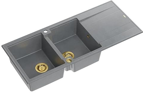 QUADRON fregadero doble cubeta gris, EVAN 121 GraniteQ, fregadero de granito de 2 cubetas en 1160x500x210 mm, Push 2 Open fregadero con sifón con escurridor, elementos PVD oro