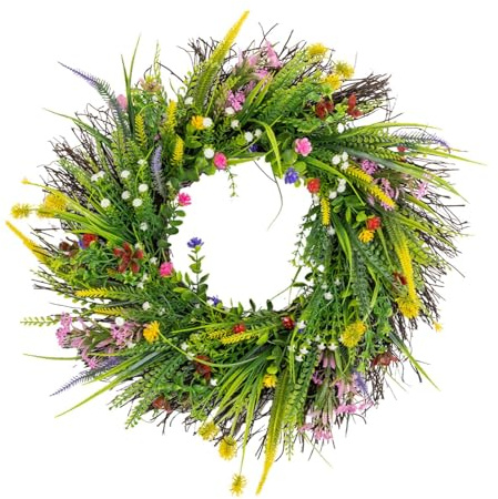 Perfeclan Frühlingskranz für die Vordertür, zum Aufhängen, einfach, langlebig, Wildblumenkranz, künstlicher Kranz für Party, Bauernhaus, Garten, Fenster, Durchmesser 50 cm