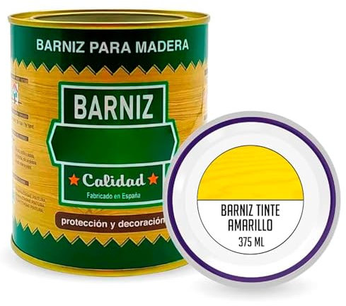 Tradineur - Bote de Barniz para Madera - Fabricado en España - Ideal para todo tipo de Maderas, vigas, cerchas, marcos, etc. - Capacidad de 375 ML - Amarillo