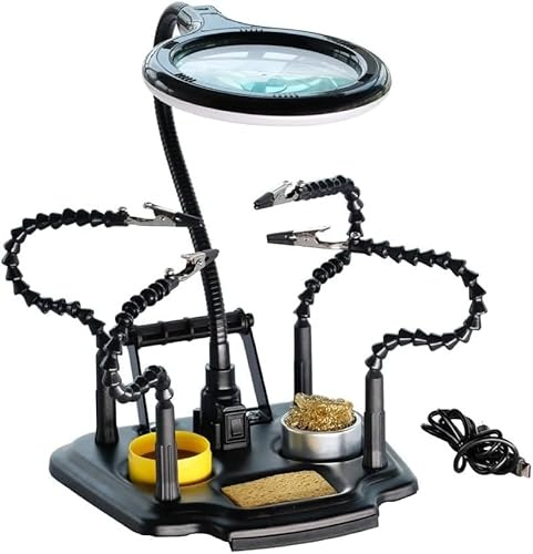 Reggi Scheda Elettronica ANFEL AN-11M-3 Supporto Terza mano con Lente Ingrandimento e LED per Saldatura Dissaldatura con 4 Bracci Snodati regolabili Spugne Pasta Saldante e Porta Rocchetto Stagno