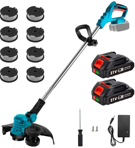 Cortacésped Inalámbrico con 8 Cabezales + 2 Baterías 2600 mAh, 5 Velocidades, Desbrozadora, Cortabordes, Eliminador de Maleza y Kit de Jardinería