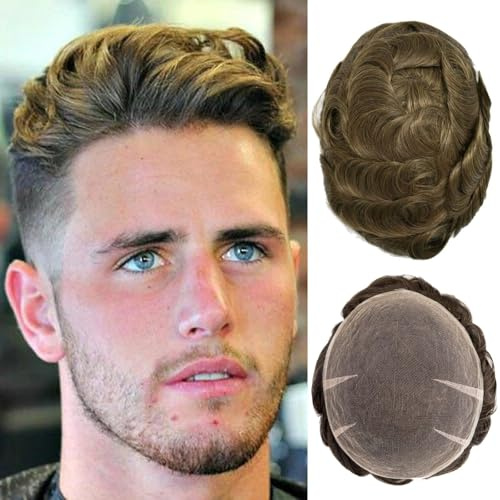 Ehairc Haar System für Männer Voll Schweizer Spitze Toupet für Männer 100% Echthaar Atmungsaktiv Herren Toupet Haaransatz Bleichen Knoten Natürliche 90% Dichte 8X10“（#7）