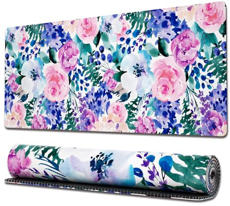 Ovenbird Gaming Mouse Pad with Stitched Edges, Floral Flower Large Mouse Pad, Extended XL Cute Mousepad Gaming with Anti-Slip Base, 31.5 x 11.8 in, Blue