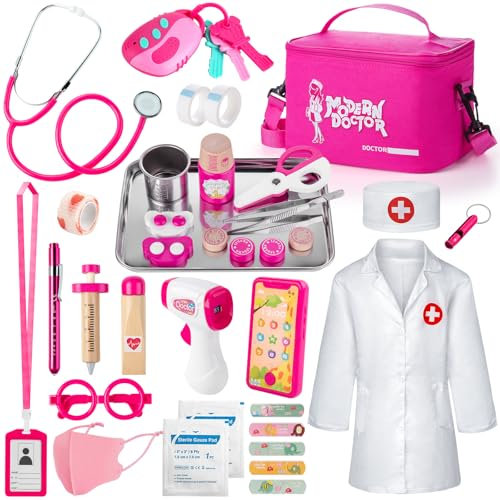 Sundaymot Maletin Medico Juguete, Kit Medico Infantil con Real Estetoscopio, Termómetro, Disfraz Medico Niña y Jeringa, Educativo Jugetes de Madera Adecuado Juego de Roles Juguetes Niñas Niños 3 Años