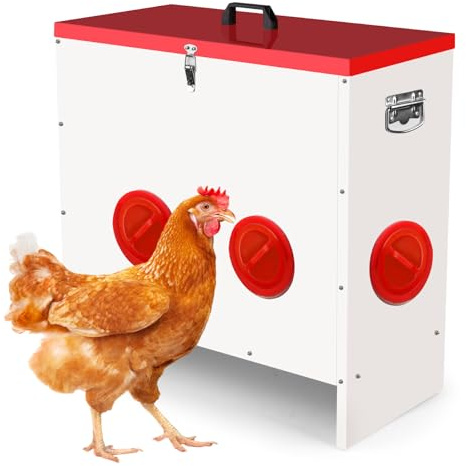 Automatischer Futterautomat Hühner 22,6 kg, Verzinkter Geflügel Futterspender mit Deckel, 6 Futteröffnungen, Für Stall, Hof und Freiland