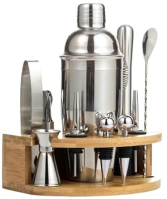 12-Piece Stainless Steel Cocktail Set with Bamboo Stand, Bartender Shaker & Bar Tool Kit for Home(550ml)