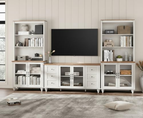 WAMPAT Entertainment Center with Bookshelves for TVs up to 65, Farmhouse Wall Unit TV Stand with Glass Doors, Media Console Table for Living Room, Bedroom & Home Theater, White