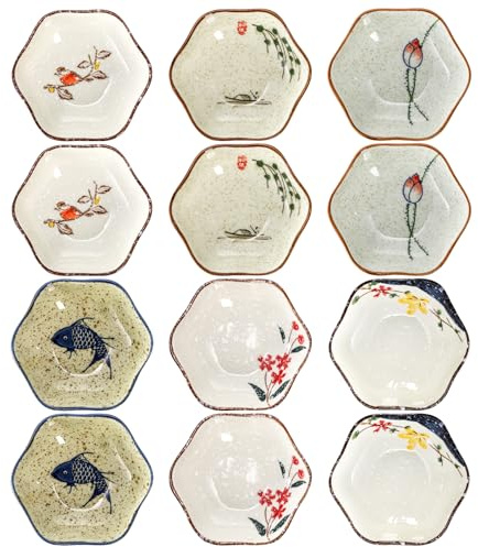 Nagpew 12 Pieces Japanese Sauce Dishes, 4 Oz Ceramic Side Dish Set, Small Flower-shaped Seasoning Soy Dipping Bowl Plate for Sushi, Snack, Appetizer, Kitchen Prep, 6 Patterns