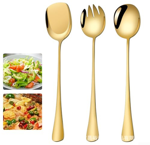Ensemble cuillères et fourchettes de service à long manche, cuillère de service, fourchette et spatule, ustensiles de cuisine en acier inoxydable de 27,9 cm pour servir des aliments chauds (doré)
