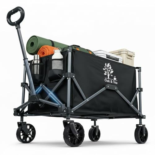 Oak & Tea 100L Festival Trolley 110KG Load For Beach, Camping Trolley | Beach Trolley Cart With Sand Wheels, Foldable Lightweight Wagon For Garden Beach Picnic Shopping, Black