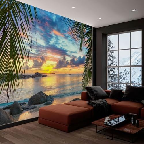Papel Pintado Pared 3D Papel Tapiz Paisaje Hojas De Palmera Mar Azul, Fotomurales 350x245 cm Tv Fondo Pared Dormitorio Murales Moderno Decoración Comedores Salones Habitaciones