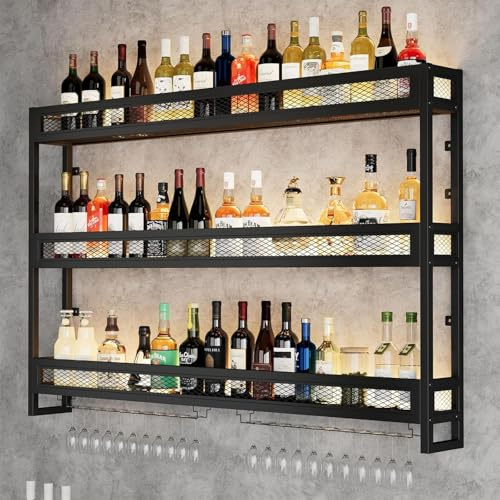 WEDGO Wall Mounted Bar Shelves – Metal Wine Rack with LED Lighting for Bottle & Glass Storage, Stylish Bar Shelves for Home Bar, Kitchen or Cellar